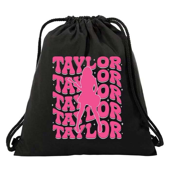 Girl Retro Taylor First Name Personalized Groovy 80s Drawstring Bag