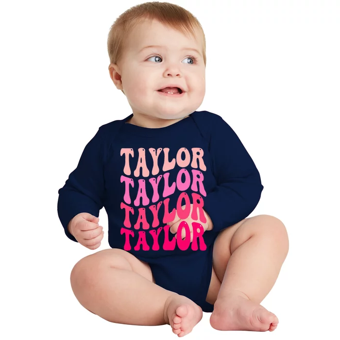 Girl Retro TAYLOR First Name Personalized Groovy Birthday Baby Long Sleeve Bodysuit