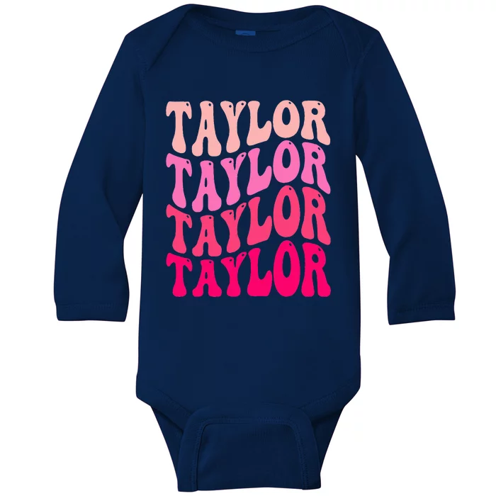 Girl Retro TAYLOR First Name Personalized Groovy Birthday Baby Long Sleeve Bodysuit