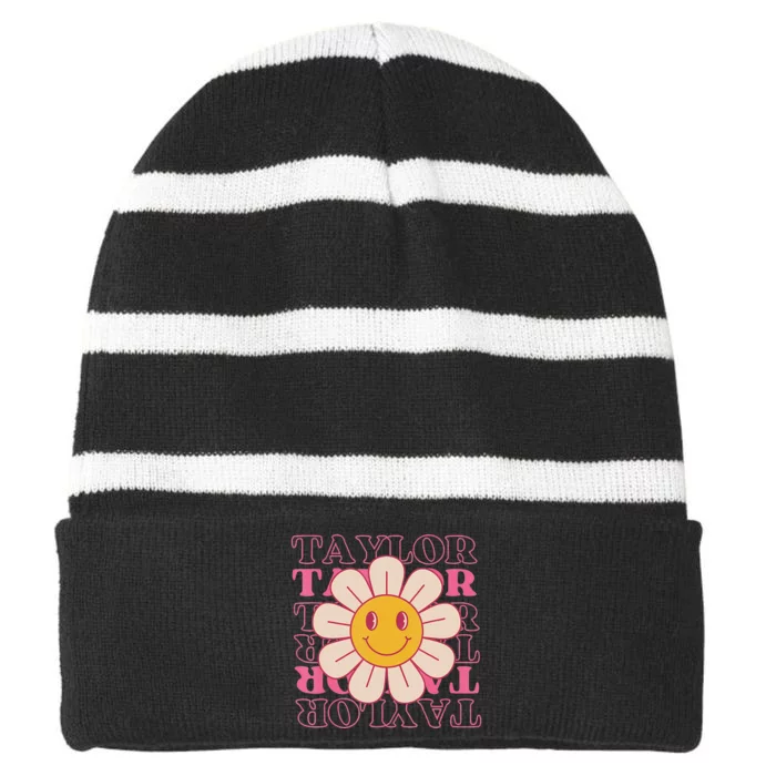 Girl Retro Taylor Personalized Groovy Birthday Striped Beanie with Solid Band