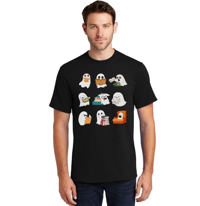 Ghost Reading Teacher Halloween Librarian Book Lover School Tall T-Shirt