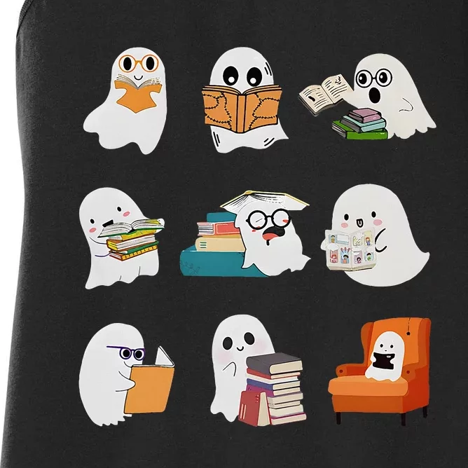 Ghost Reading Teacher Halloween Librarian Book Lover School Women's Racerback Tank