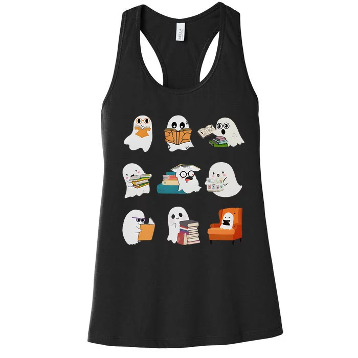 Ghost Reading Teacher Halloween Librarian Book Lover School Women's Racerback Tank