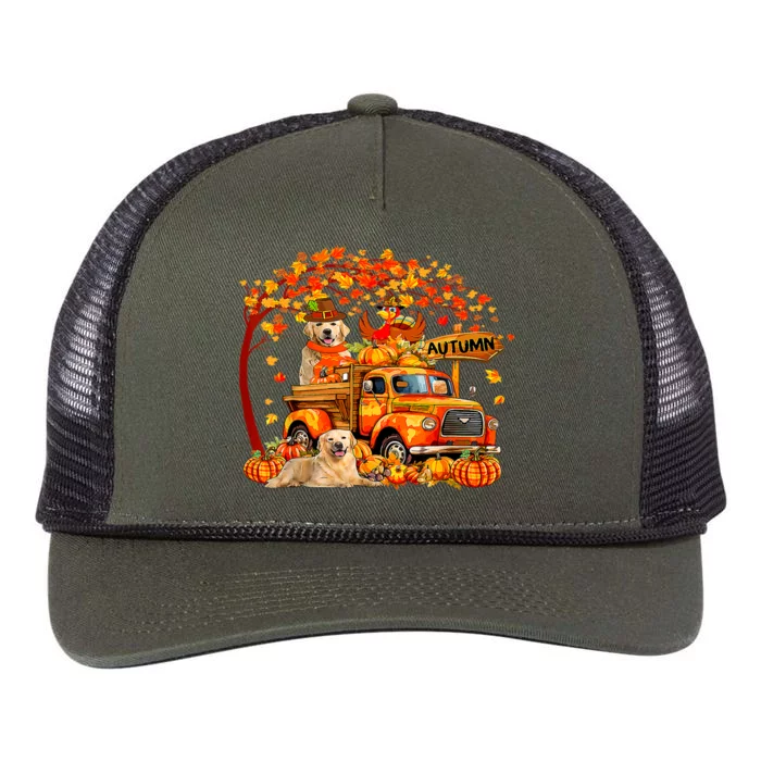 Golden Retriever Turkey On Pickup Truck Thanksgiving Retro Rope Trucker Hat Cap