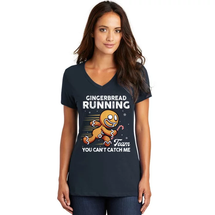 Gingerbread Running Team Christmas Cookie Funny Baking Women's V-Neck T-Shirt