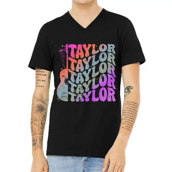 Girl Retro Taylor First Name Personalized Groovy 80S V-Neck T-Shirt