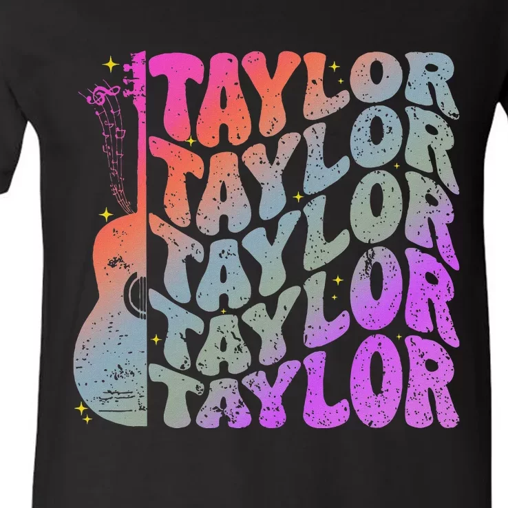 Girl Retro Taylor First Name Personalized Groovy 80S V-Neck T-Shirt