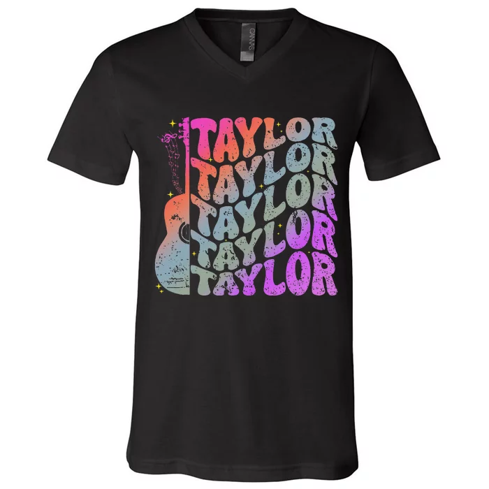 Girl Retro Taylor First Name Personalized Groovy 80S V-Neck T-Shirt