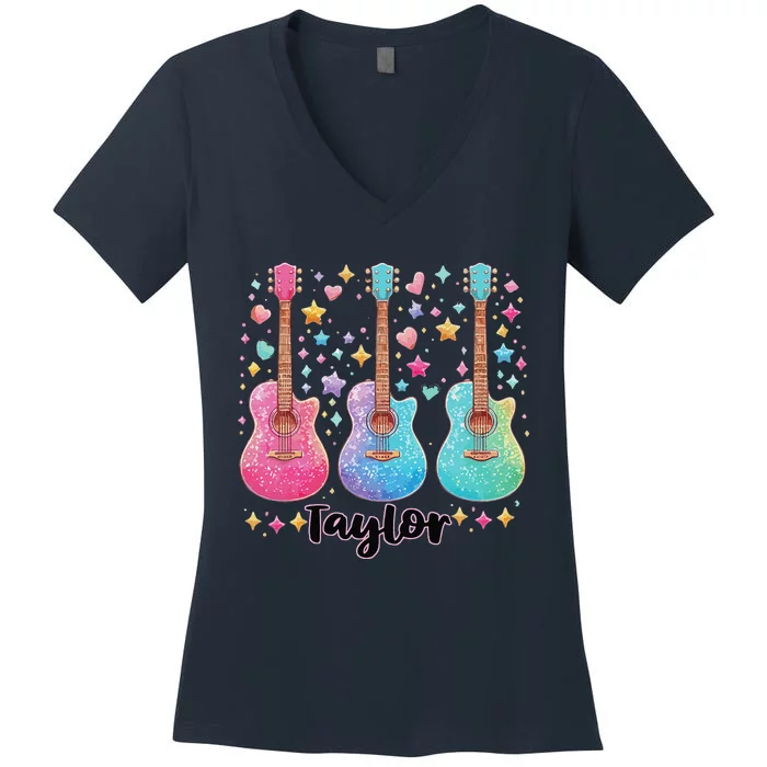 Girl Retro Taylor First Name Personalized Groovy 80S Pink Women's V-Neck T-Shirt