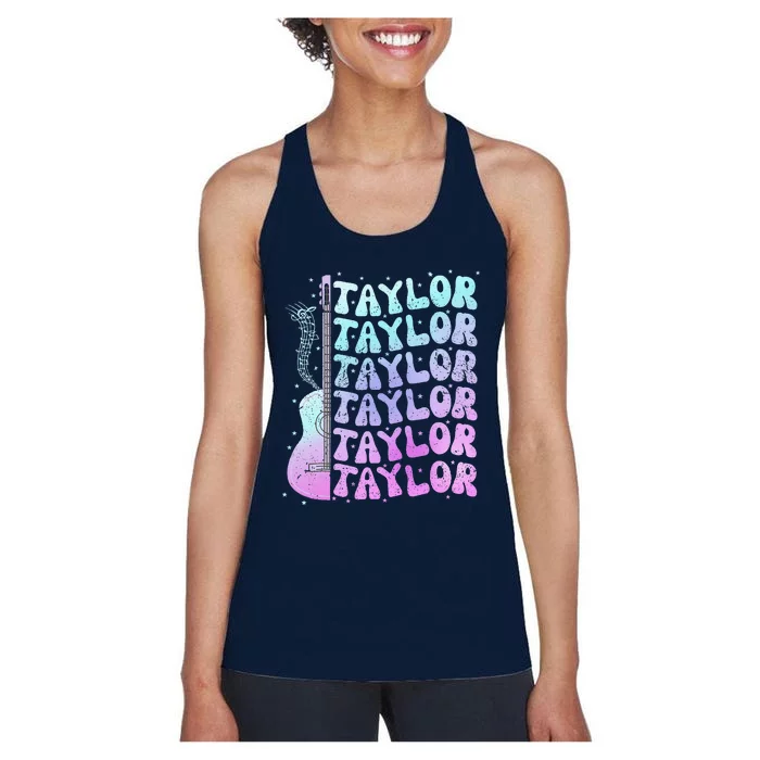 Girl Retro Taylor First Name Personalized Groovy 80S Pink Women's Racerback Tank