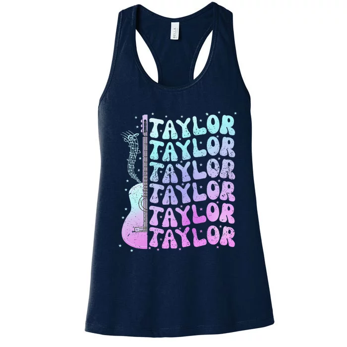 Girl Retro Taylor First Name Personalized Groovy 80S Pink Women's Racerback Tank