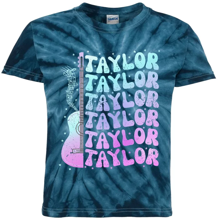 Girl Retro Taylor First Name Personalized Groovy 80S Pink Kids Tie-Dye T-Shirt