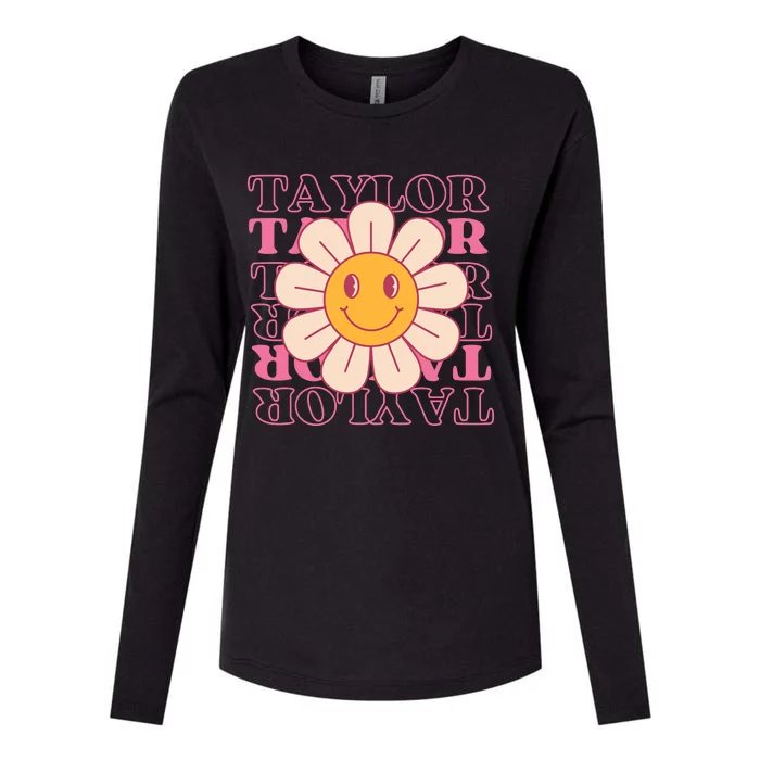 Girl Retro Taylor First Name Personalized Groovy Birthday Womens Cotton Relaxed Long Sleeve T-Shirt