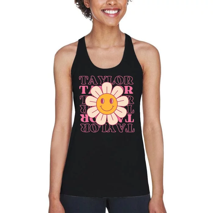 Girl Retro Taylor First Name Personalized Groovy Birthday Women's Racerback Tank