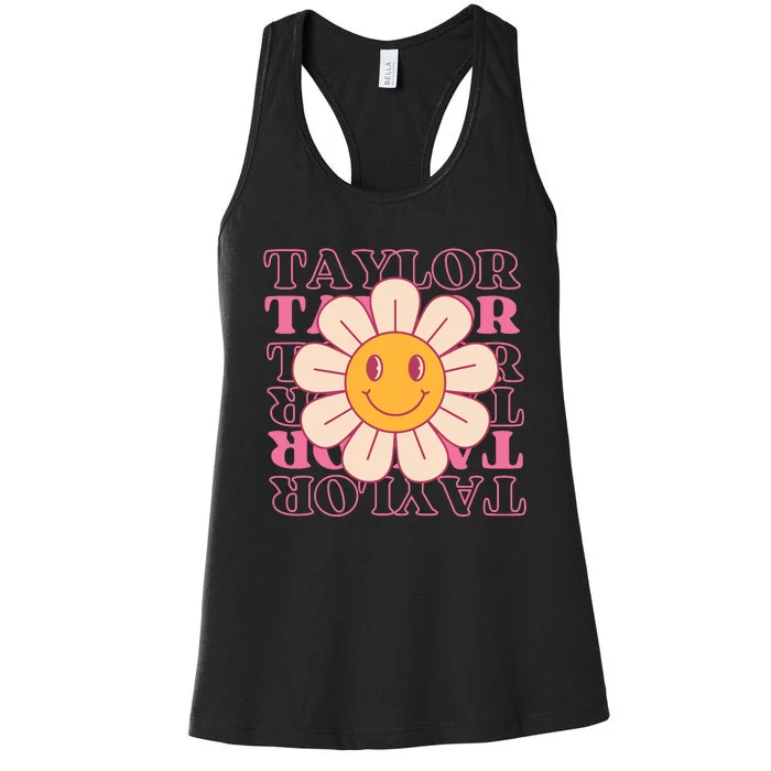 Girl Retro Taylor First Name Personalized Groovy Birthday Women's Racerback Tank