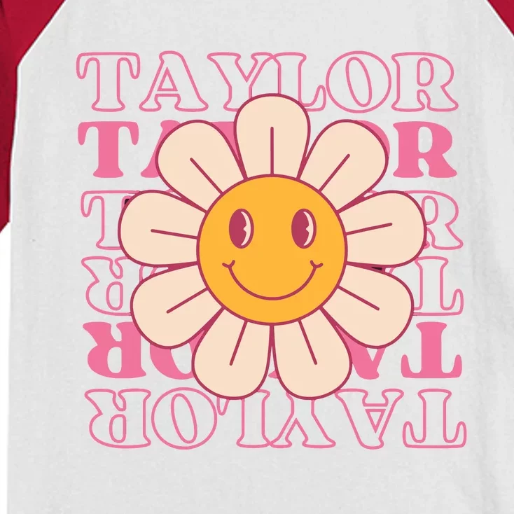 Girl Retro Taylor First Name Personalized Groovy Birthday Kids Colorblock Raglan Jersey