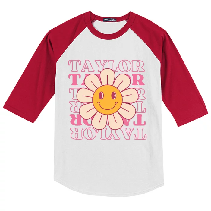 Girl Retro Taylor First Name Personalized Groovy Birthday Kids Colorblock Raglan Jersey