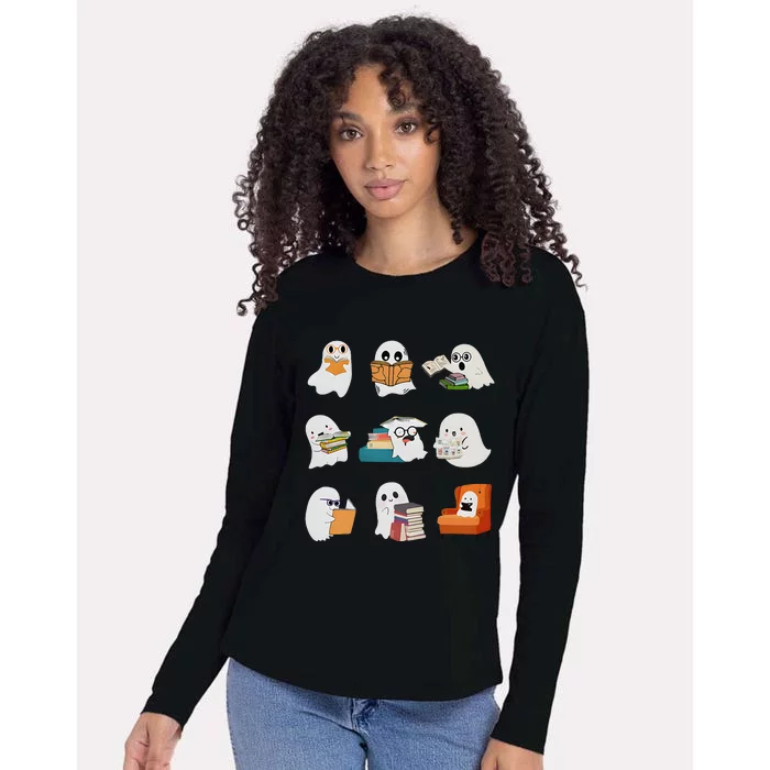 Ghost Reading Teacher Halloween Librarian Book Lover School Womens Cotton Relaxed Long Sleeve T-Shirt