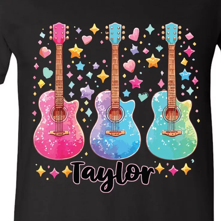 Girl Retro Taylor First Name Personalized Groovy 80s Pink V-Neck T-Shirt