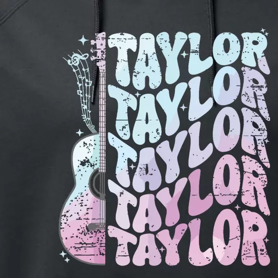 Girl Retro Taylor First Name Personalized Groovy 80s Pink Performance Fleece Hoodie