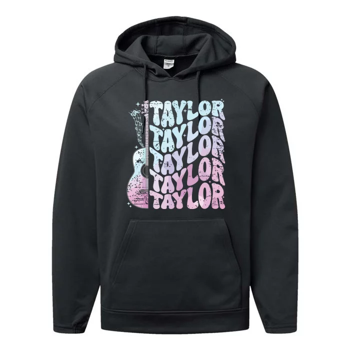 Girl Retro Taylor First Name Personalized Groovy 80s Pink Performance Fleece Hoodie