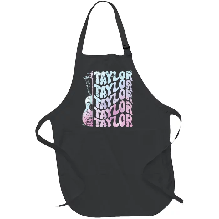 Girl Retro Taylor First Name Personalized Groovy 80s Pink Full-Length Apron With Pocket