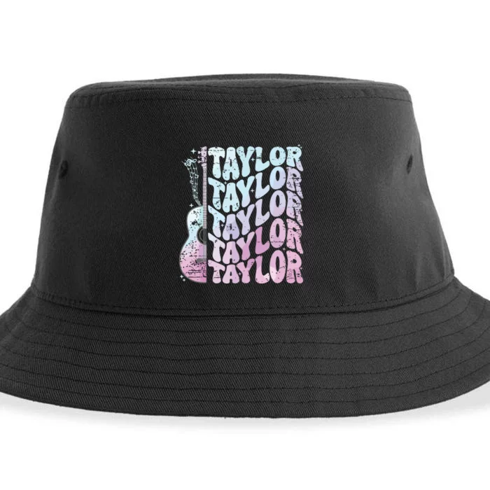 Girl Retro Taylor First Name Personalized Groovy 80s Pink Sustainable Bucket Hat