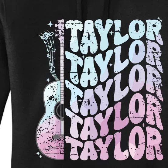 Girl Retro Taylor First Name Personalized Groovy 80s Pink Women's Pullover Hoodie