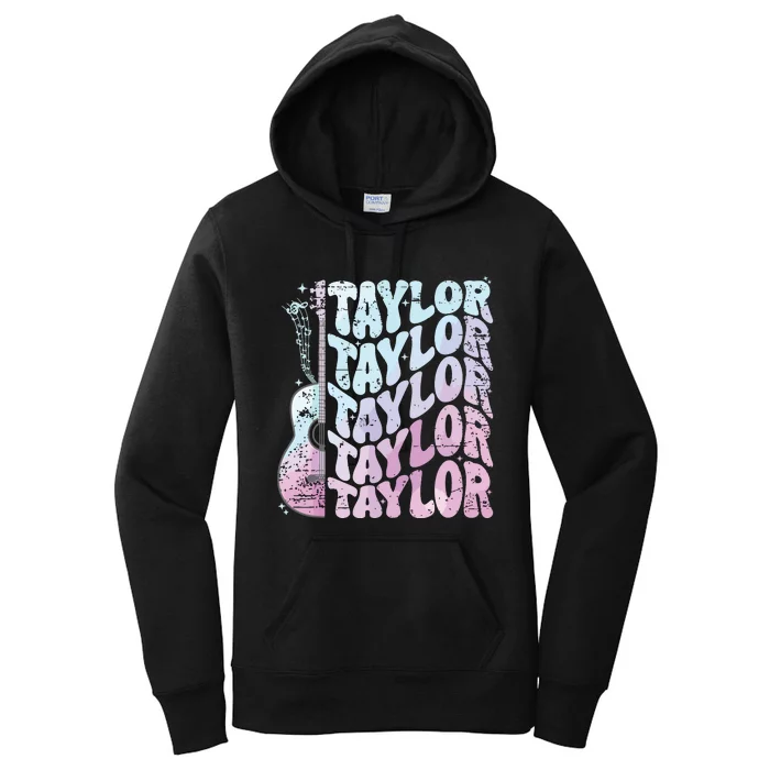 Girl Retro Taylor First Name Personalized Groovy 80s Pink Women's Pullover Hoodie