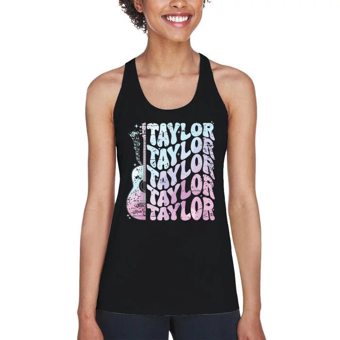 Girl Retro Taylor First Name Personalized Groovy 80s Pink Women's Racerback Tank