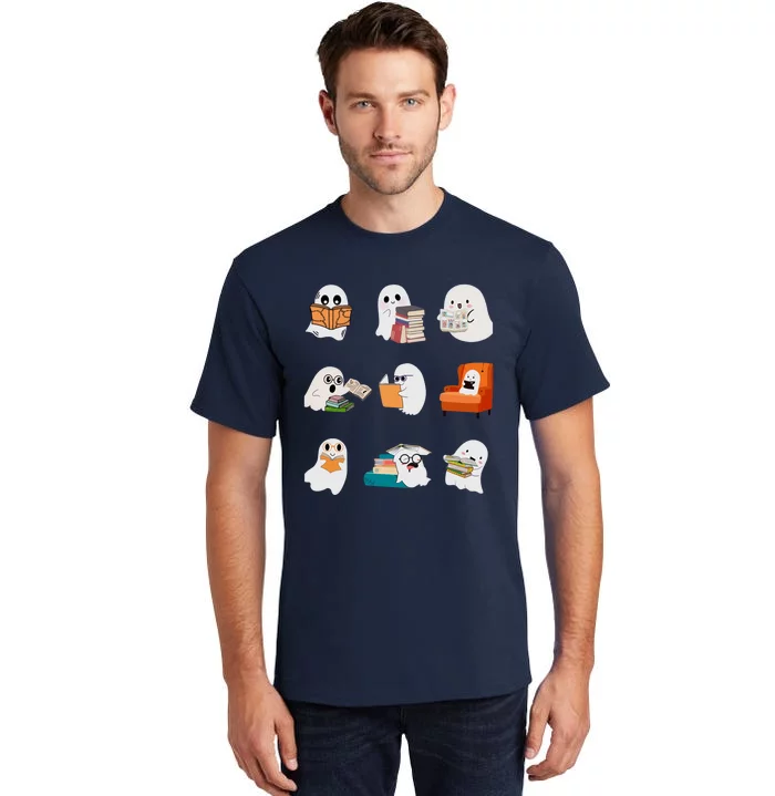 Ghost Reading Teacher Halloween Librarian Book Lover Tall T-Shirt