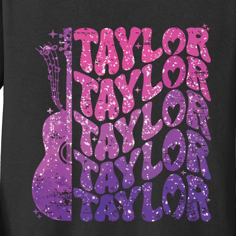 Girl Retro Taylor First Name Personalized Groovy 70s 80s Kids Long Sleeve Shirt