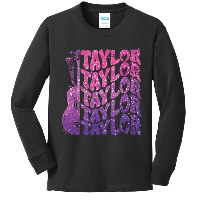 Girl Retro Taylor First Name Personalized Groovy 70s 80s Kids Long Sleeve Shirt