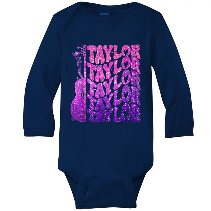 Girl Retro TâYlor First Name Personalized Groovy 80S Pink Baby Long Sleeve Bodysuit