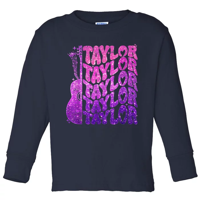 Girl Retro TâYlor First Name Personalized Groovy 80S Pink Toddler Long Sleeve Shirt