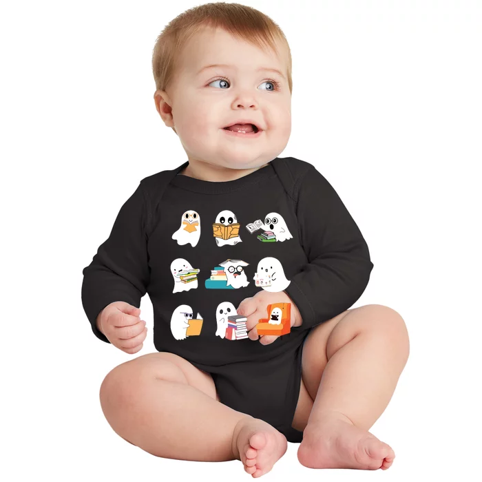 Ghost Reading Teacher Halloween Librarian Book Lover School Baby Long Sleeve Bodysuit