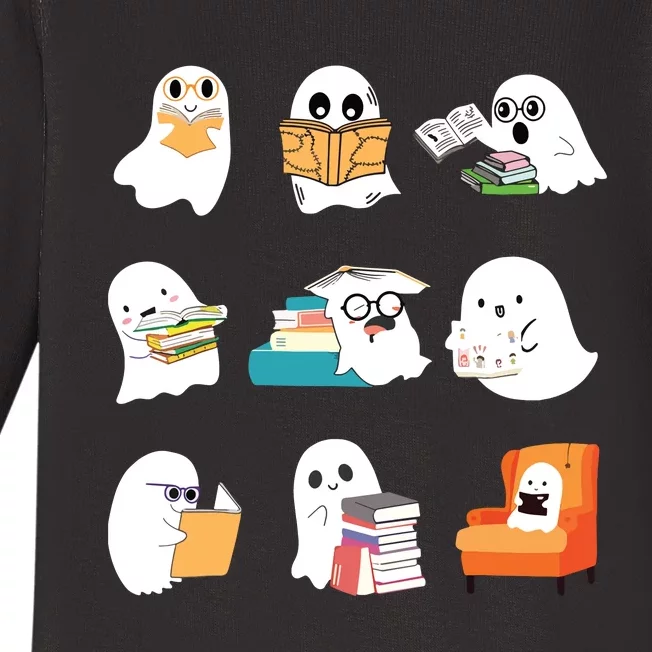 Ghost Reading Teacher Halloween Librarian Book Lover School Baby Long Sleeve Bodysuit