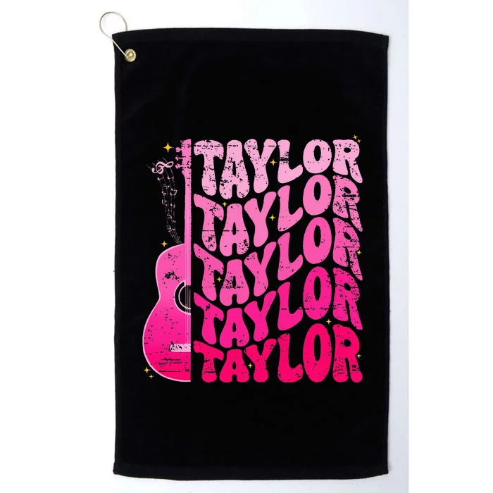 Girl Retro Taylor First Name Personalized Groovy 80S Pink Platinum Collection Golf Towel