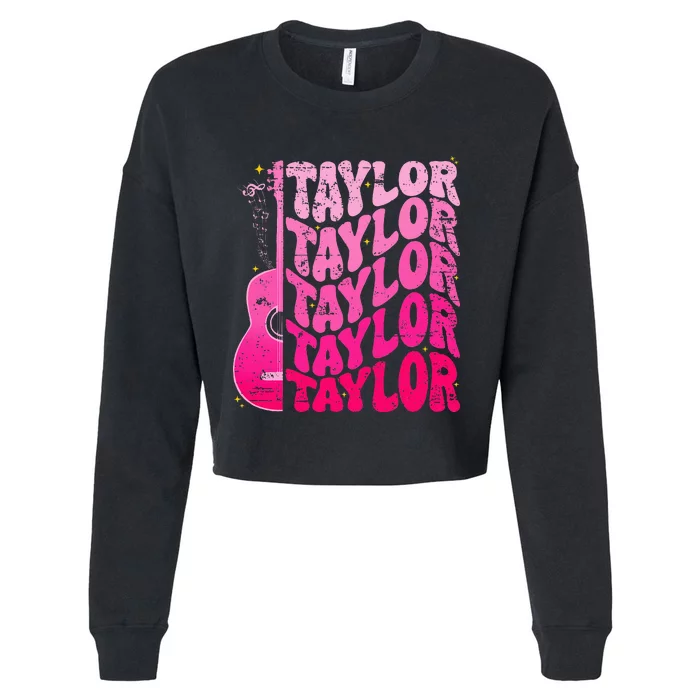 Girl Retro Taylor First Name Personalized Groovy 80S Pink Cropped Pullover Crew