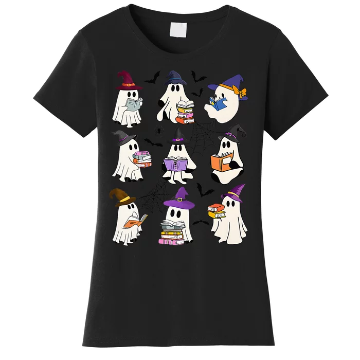 Ghost Reading Teacher Halloween Librarian Book Lover School Women's T-Shirt