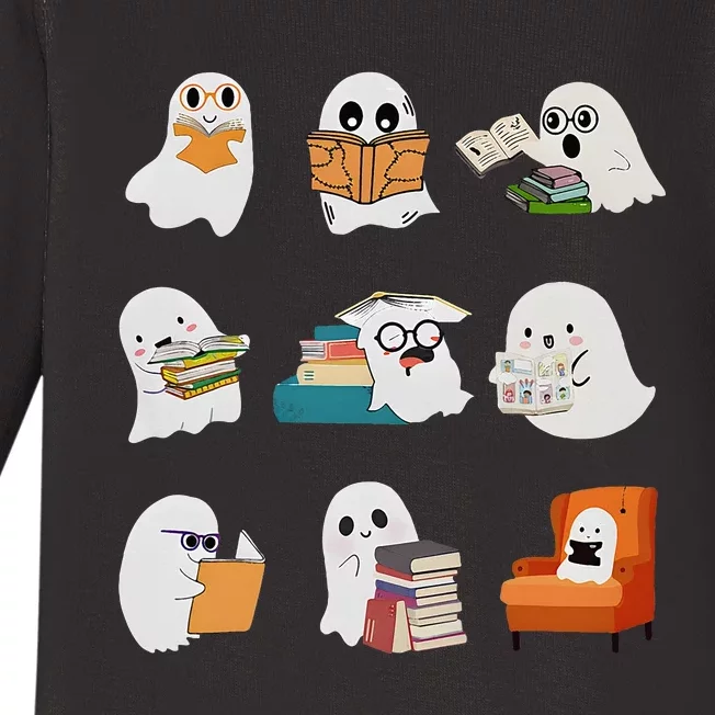 Ghost Reading Teacher Halloween Librarian Book Lover School Baby Long Sleeve Bodysuit