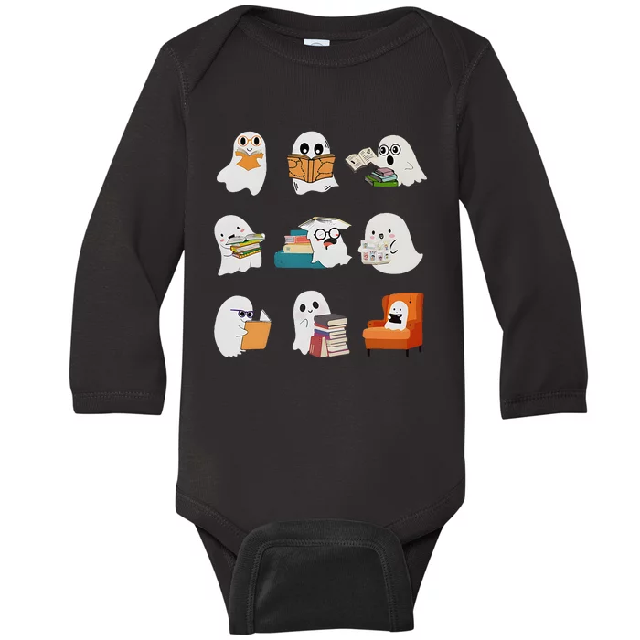 Ghost Reading Teacher Halloween Librarian Book Lover School Baby Long Sleeve Bodysuit