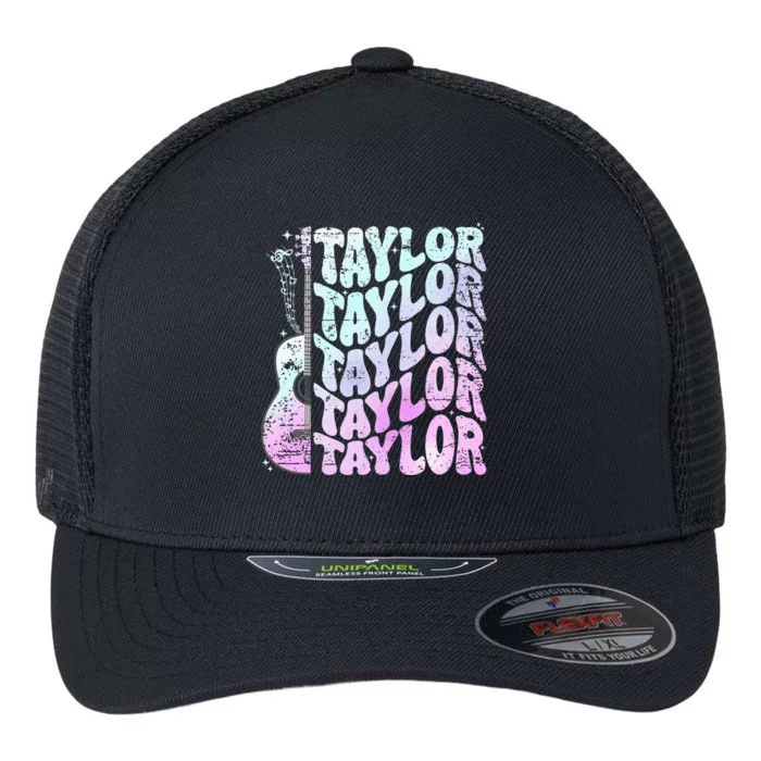 Girl Retro Taylor First Name Personalized Groovy 80S Pink Flexfit Unipanel Trucker Cap