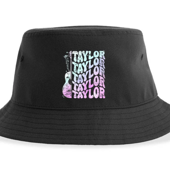 Girl Retro Taylor First Name Personalized Groovy 80S Pink Sustainable Bucket Hat