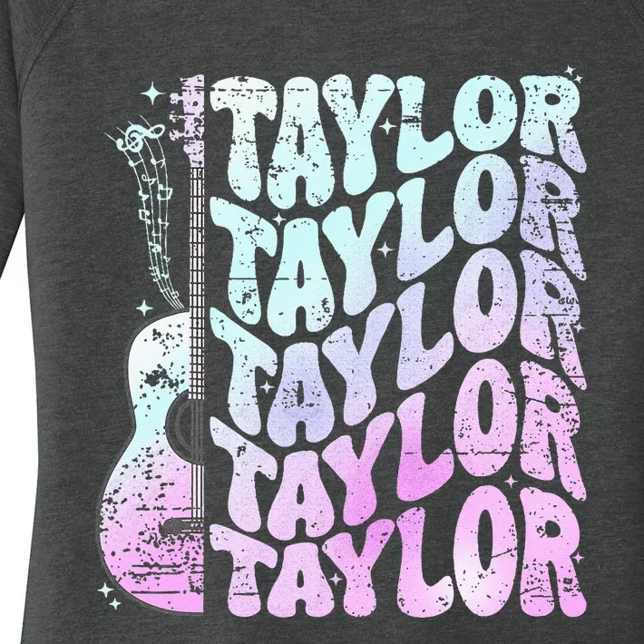 Girl Retro Taylor First Name Personalized Groovy 80S Pink Women's Perfect Tri Tunic Long Sleeve Shirt