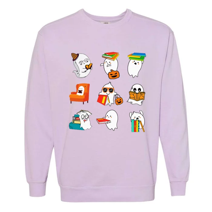 Ghost Reading Teacher Halloween Librarian Book Lover School Garment-Dyed Sweatshirt