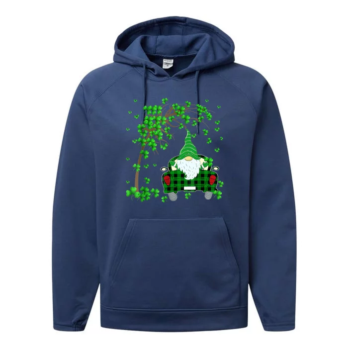 Gnome Riding Truck Happy Saint Patrick's Day Shamrock Tree Performance Fleece Hoodie