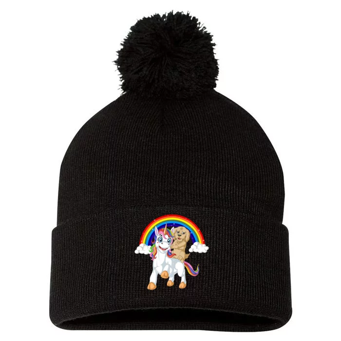 Goldendoodle Riding Unicorn Pom Pom 12in Knit Beanie