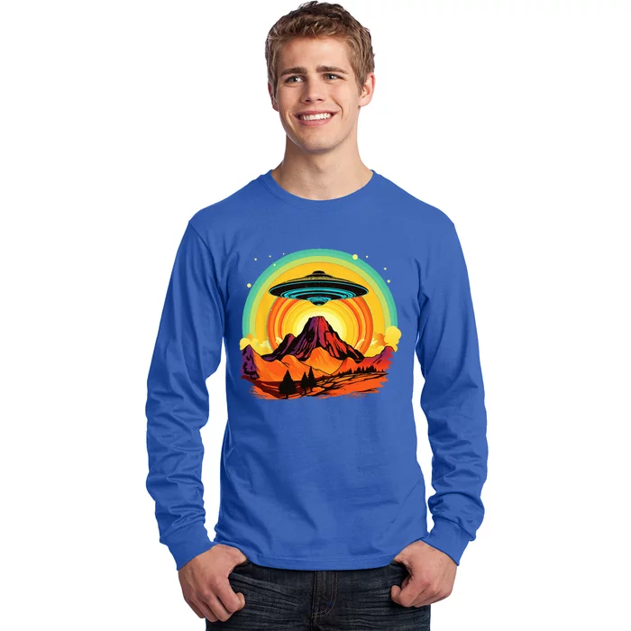 Groovy Retro UFO Alien Encounter Over Red Rock Formations Long Sleeve Shirt