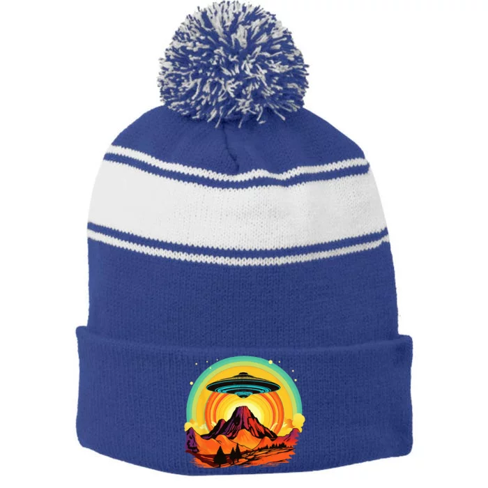 Groovy Retro UFO Alien Encounter Over Red Rock Formations Stripe Pom Pom Beanie